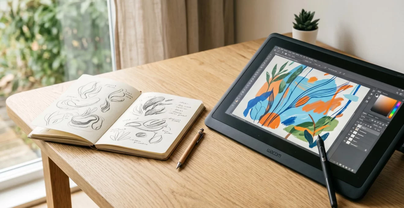 Tablette graphique professionnelle et carnet de croquis sur un bureau en bois clair baigné de lumière naturelle, symbolisant la formation à distance en illustration