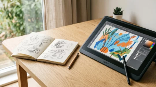 Tablette graphique professionnelle et carnet de croquis sur un bureau en bois clair baigné de lumière naturelle, symbolisant la formation à distance en illustration
